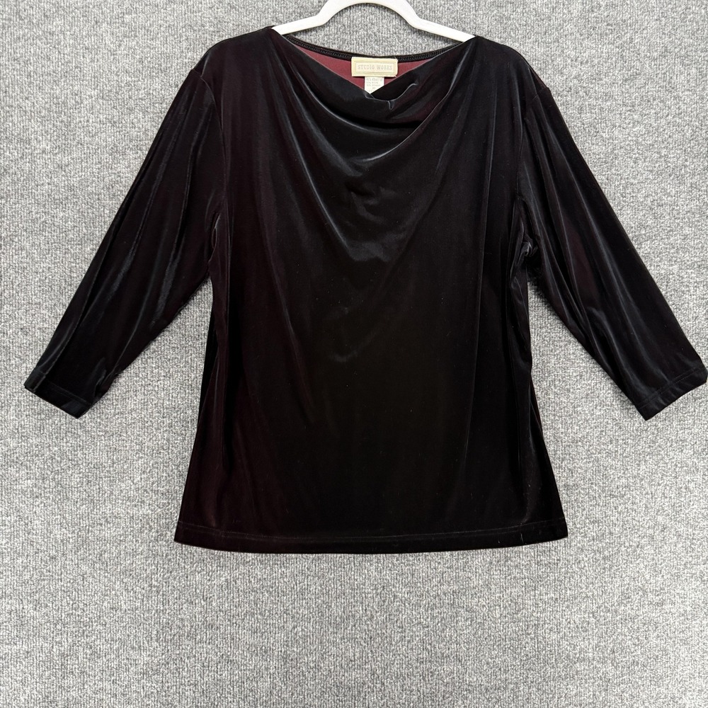 Studio Works Top Womens XL Red Velvet Cowl Neck 3/4 Sleeve Whimsigoth Party Vamp